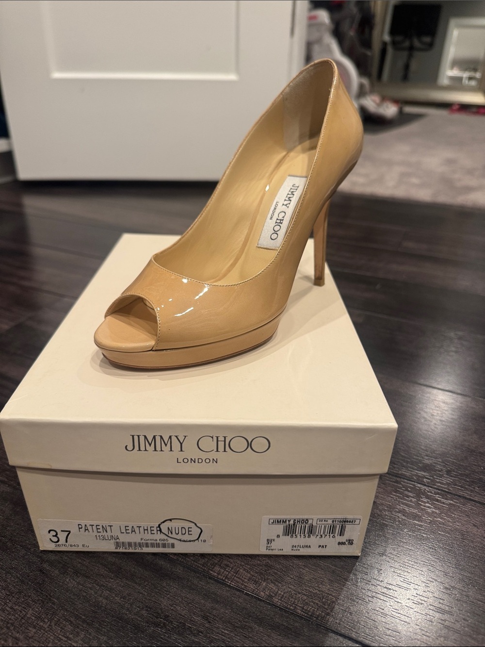Jimmy Choo Patent Leather Peep-Toe Pump in Nude Beige